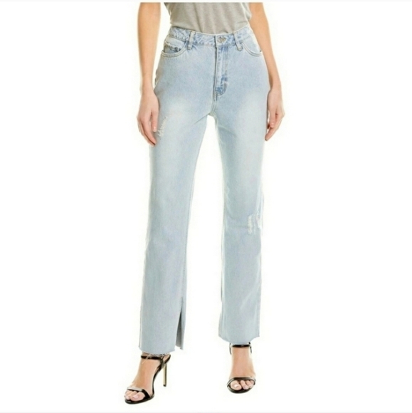 AVEC LES FILLES Straight Leg Jeans W/ Slit Hem In Mid Blue Wash High Rise - Picture 1 of 7